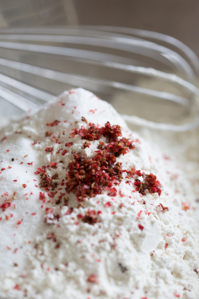 pink peppercorns in pie dough