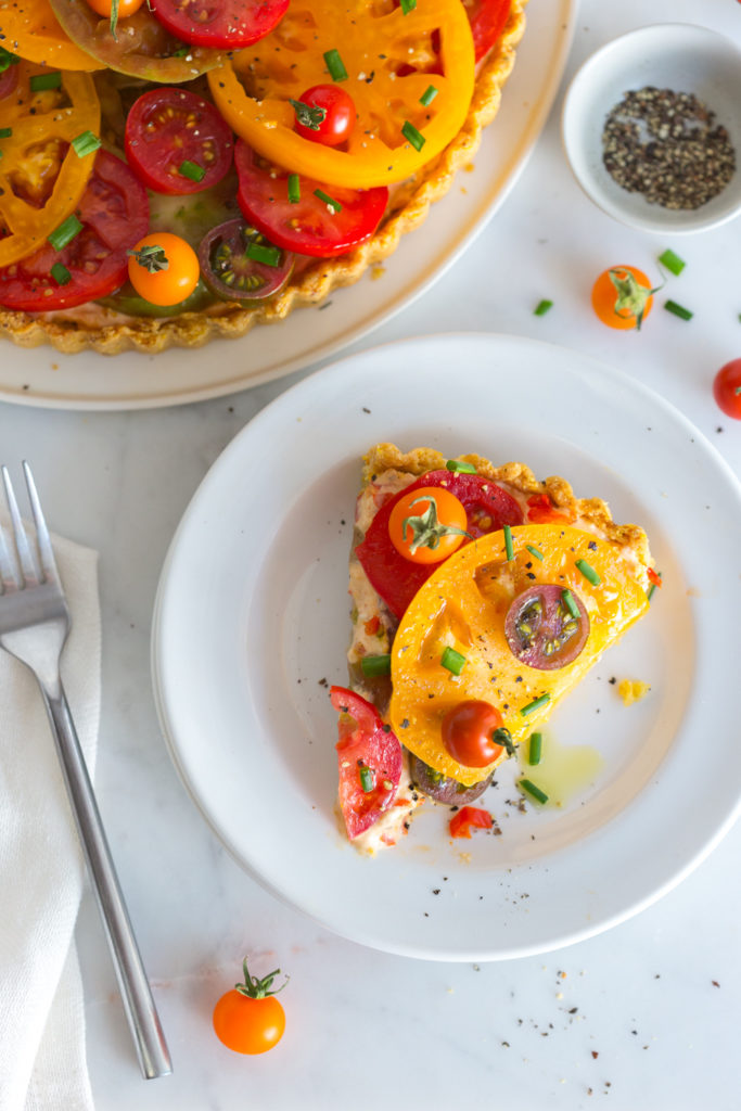 Heirloom Tomato and Pimento Cheese Tart with Cornmeal Crust - slice