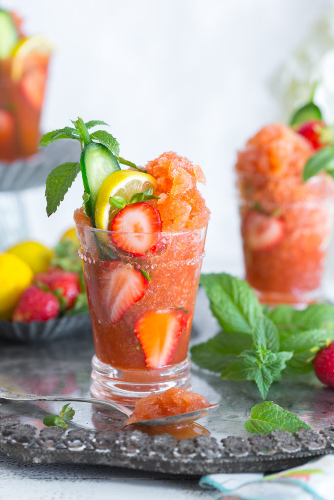 Strawberry Pimm's Cup Granita with garnish
