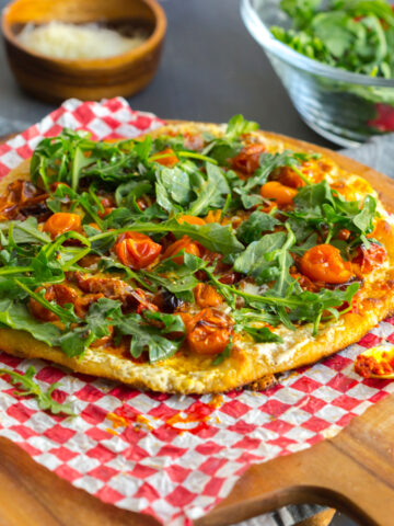 Tomato Confit Burrata and Arugula Pizza by Baking The Goods