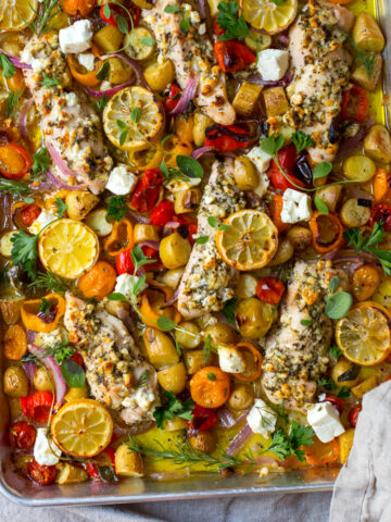 Herby Feta Lemon Chicken and Veggie Sheet Pan Dinner by Baking The Goods