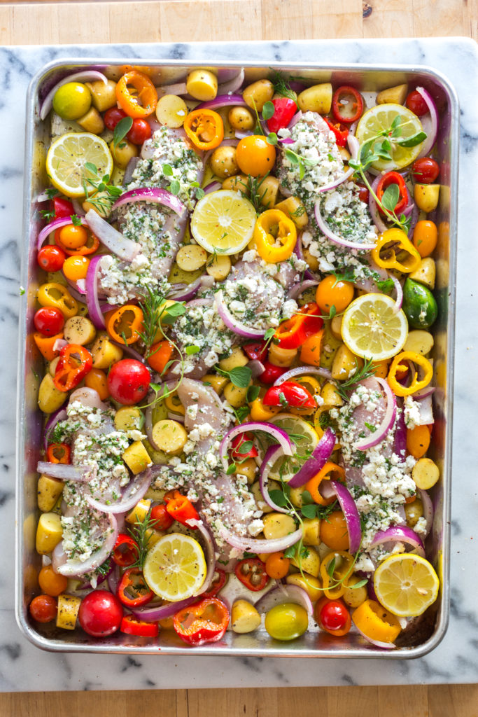 Herby Feta Lemon Chicken and Veggie Sheet Pan Dinner before baking