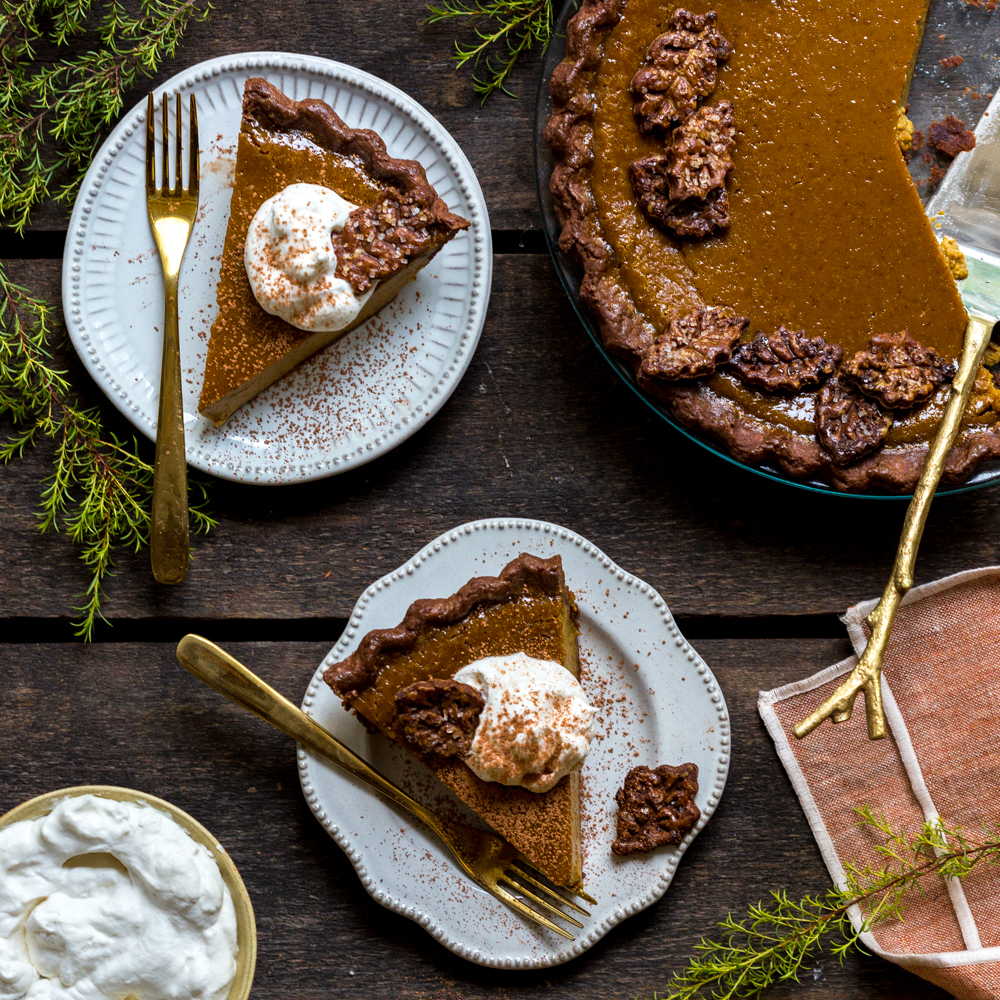 Maple Pumpkin Pie with a Chocolate Crust by Baking The Goods.