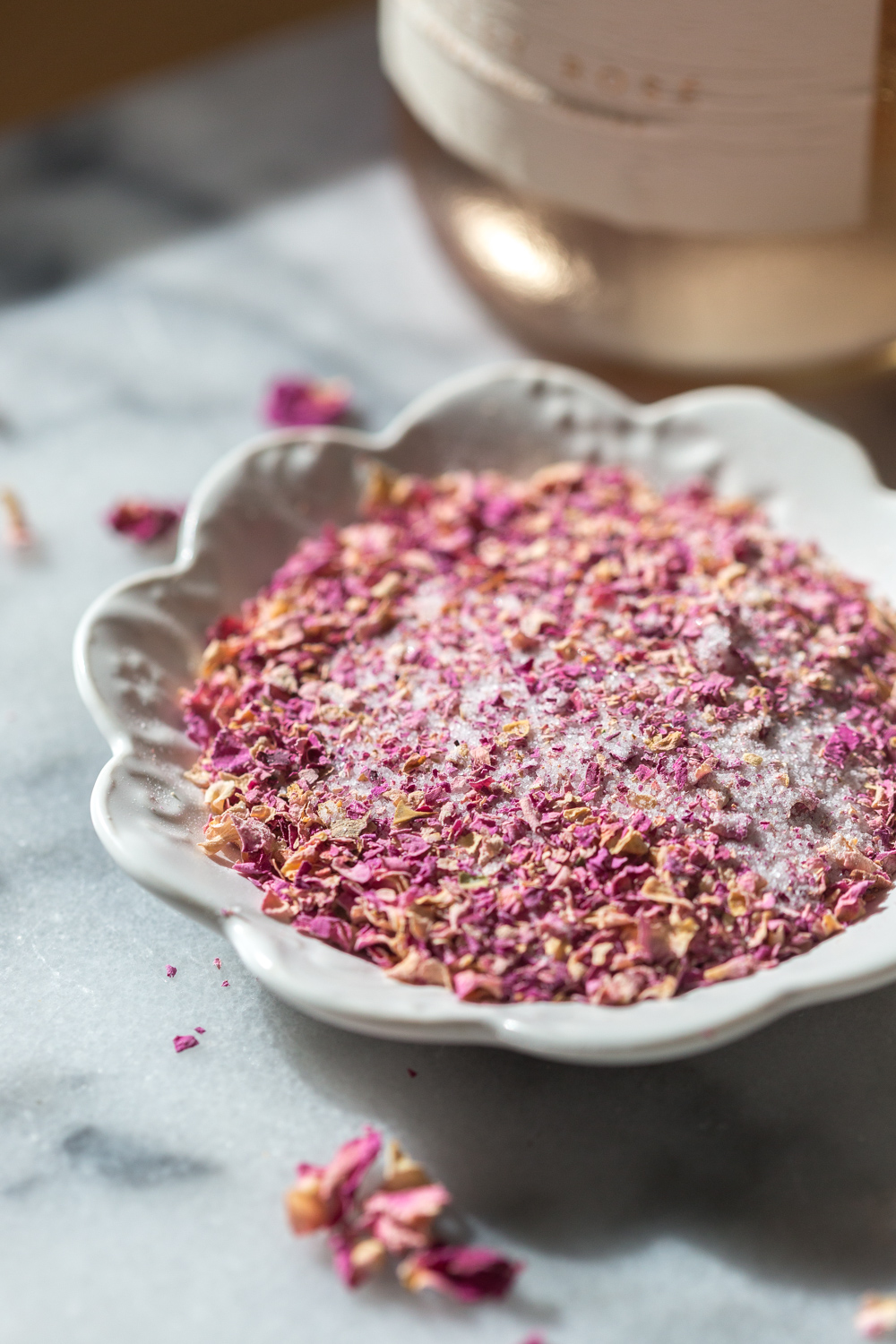 Ground rose petals and sugar for Rose Madeleines