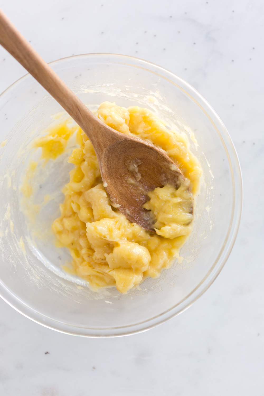 Mashing bananas for Blueberry Poppy Seed Banana Bread