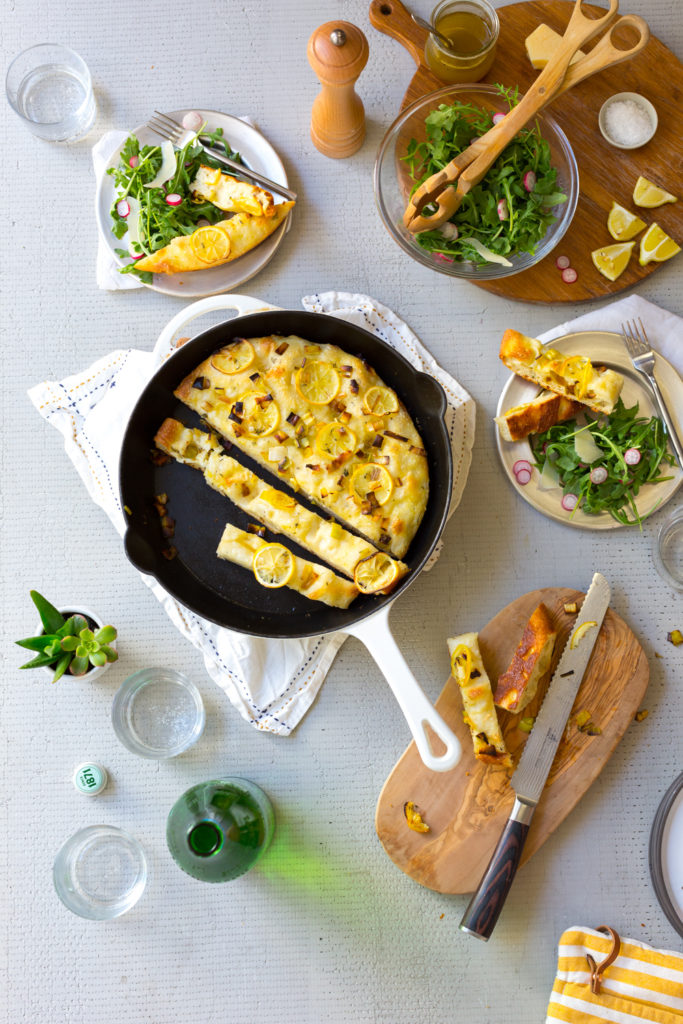 Leek Lemon and Thyme Skillet Focaccia with simple salad