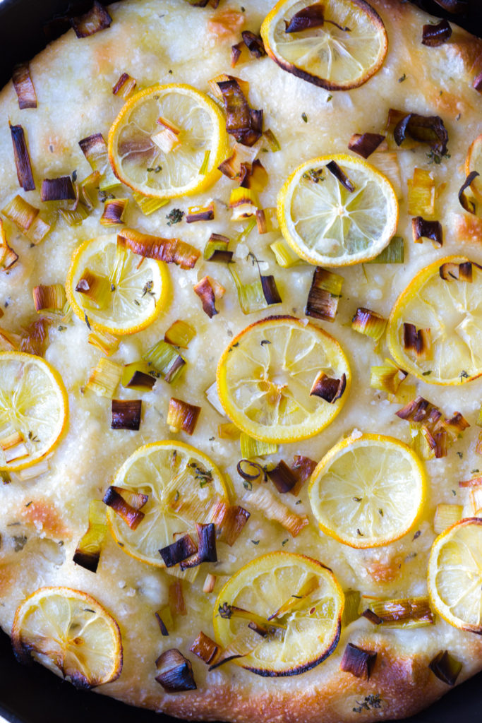 Leek Lemon and Thyme Skillet Focaccia close up