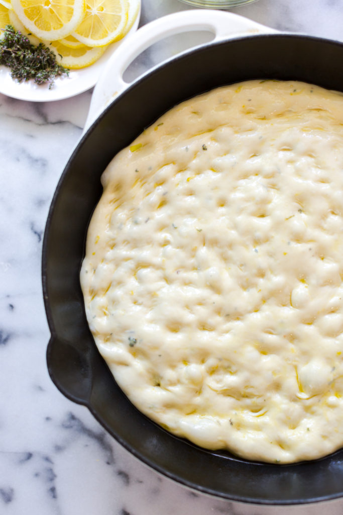 Stretching dough for Leek Lemon and Thyme Skillet Focaccia