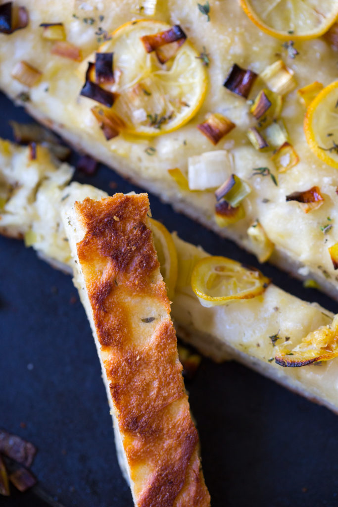 Leek Lemon and Thyme Skillet Focaccia with crust bottom