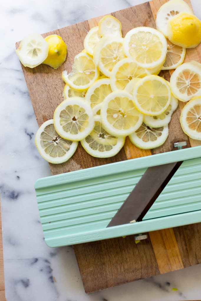 Sliced lemons for Leek Lemon and Thyme Skillet Focaccia