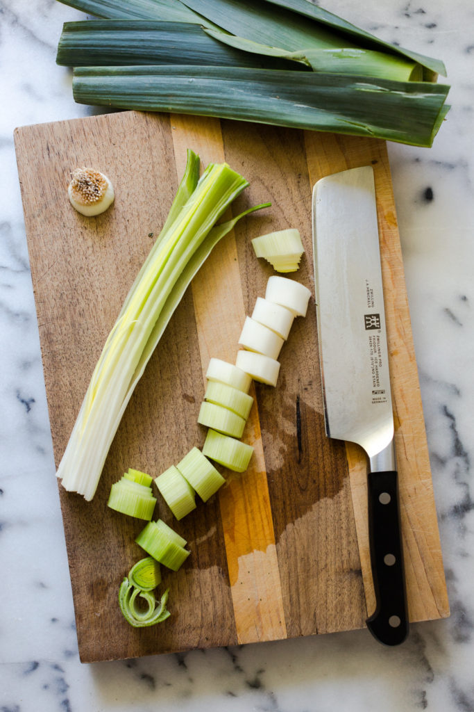 Sliced leeks for Leek Lemon and Thyme Skillet Focaccia