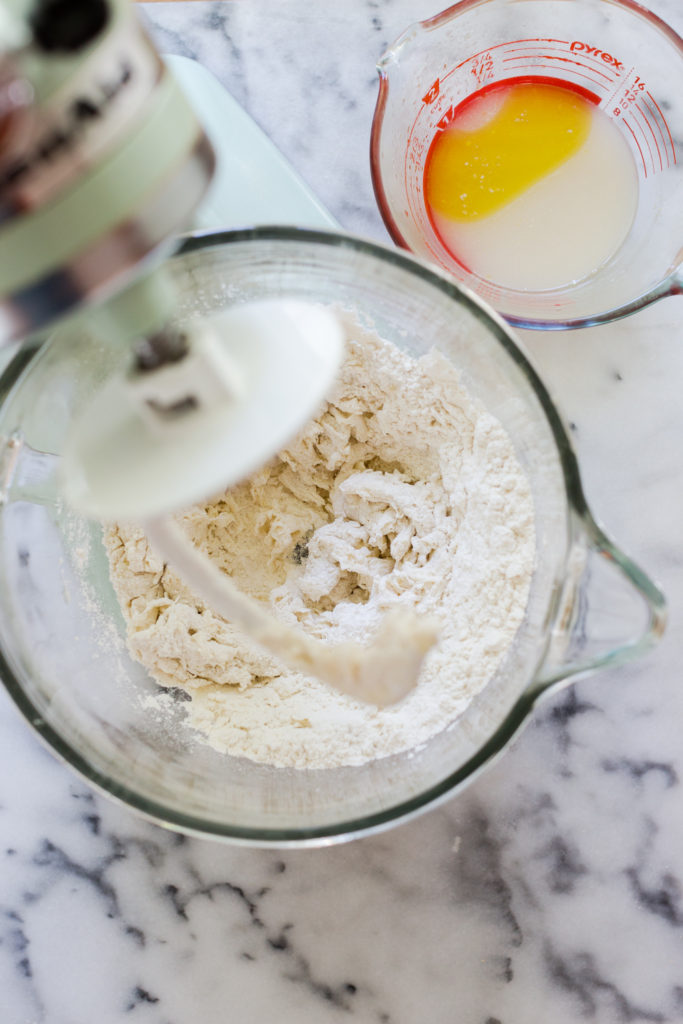 Mixing dough in stand mixer for Leek Lemon and Thyme Skillet Focaccia