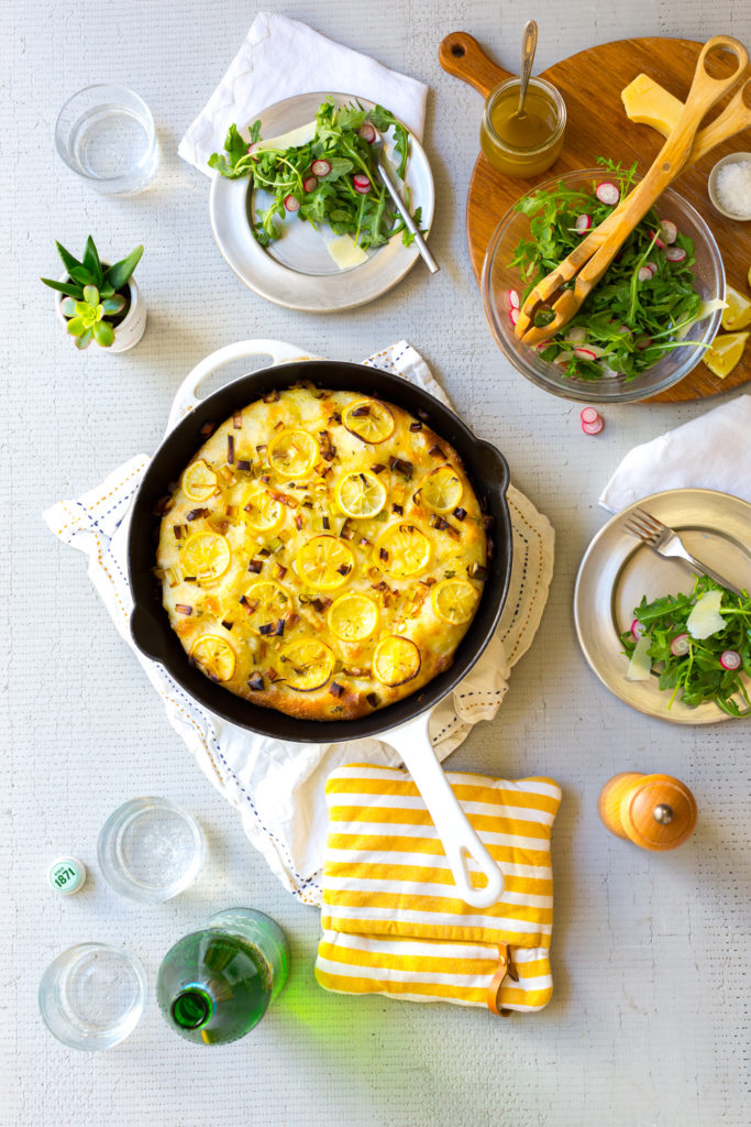 Leek Lemon and Thyme Skillet Focaccia with simple salad