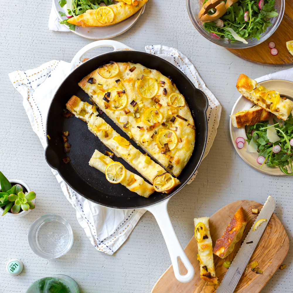 Leek Lemon and Thyme Skillet Focaccia by Baking The Goods