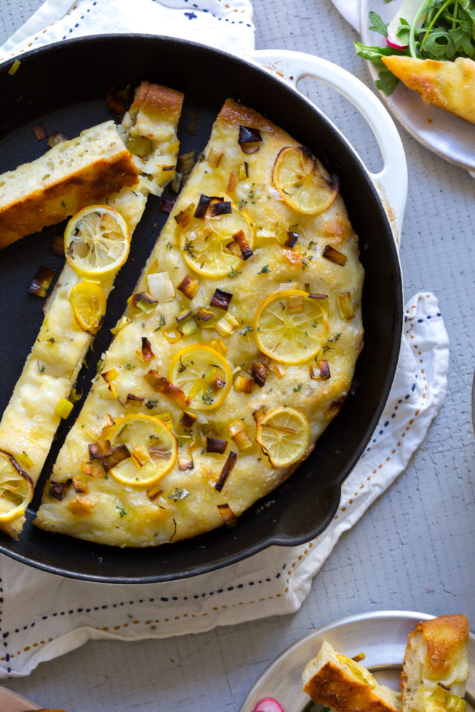Leek Lemon and Thyme Skillet Focaccia sliced