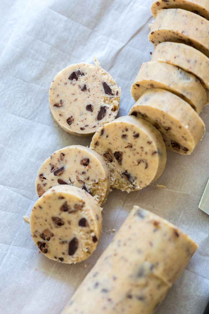 Slicing shortbread cookie log