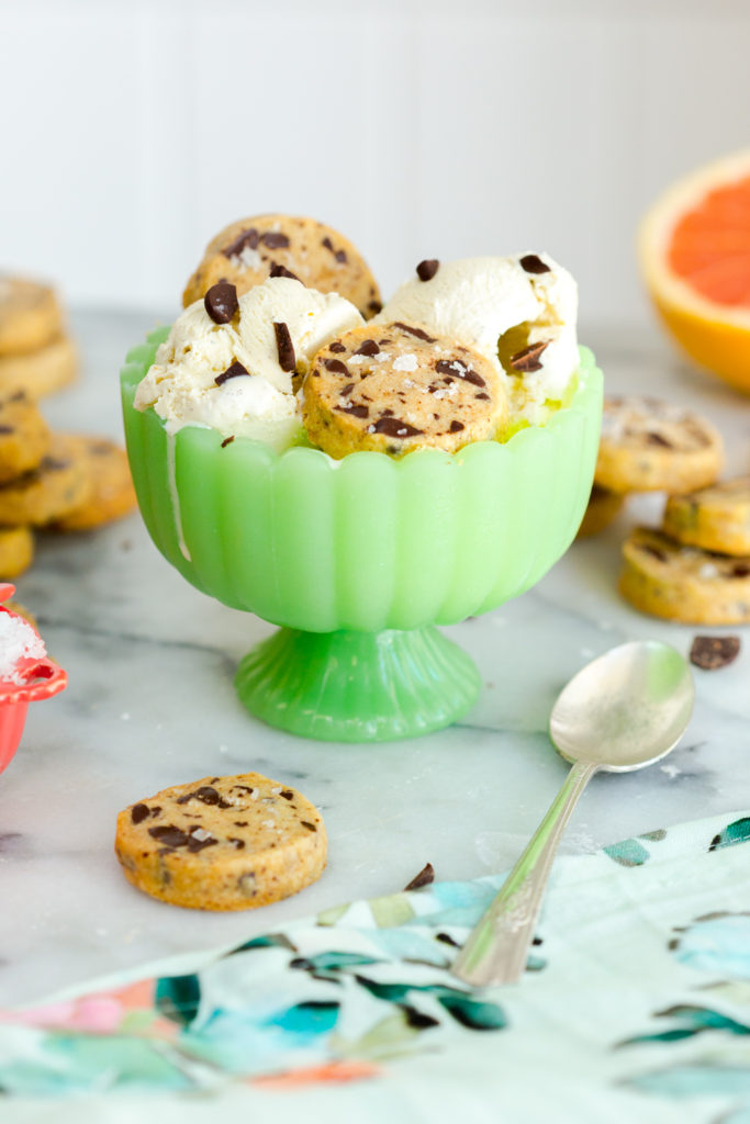 Grapefruit Chocolate Shortbread Cookies with vanilla ice cream