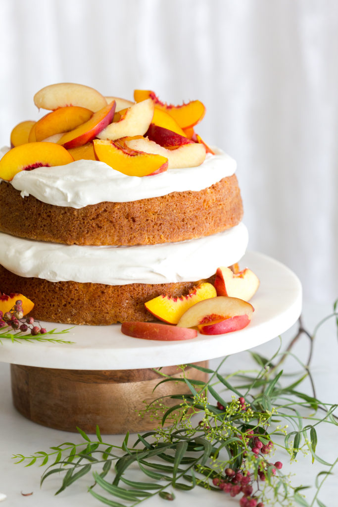 Layered Nectarines and Creme Pink Peppercorn Honey Cake