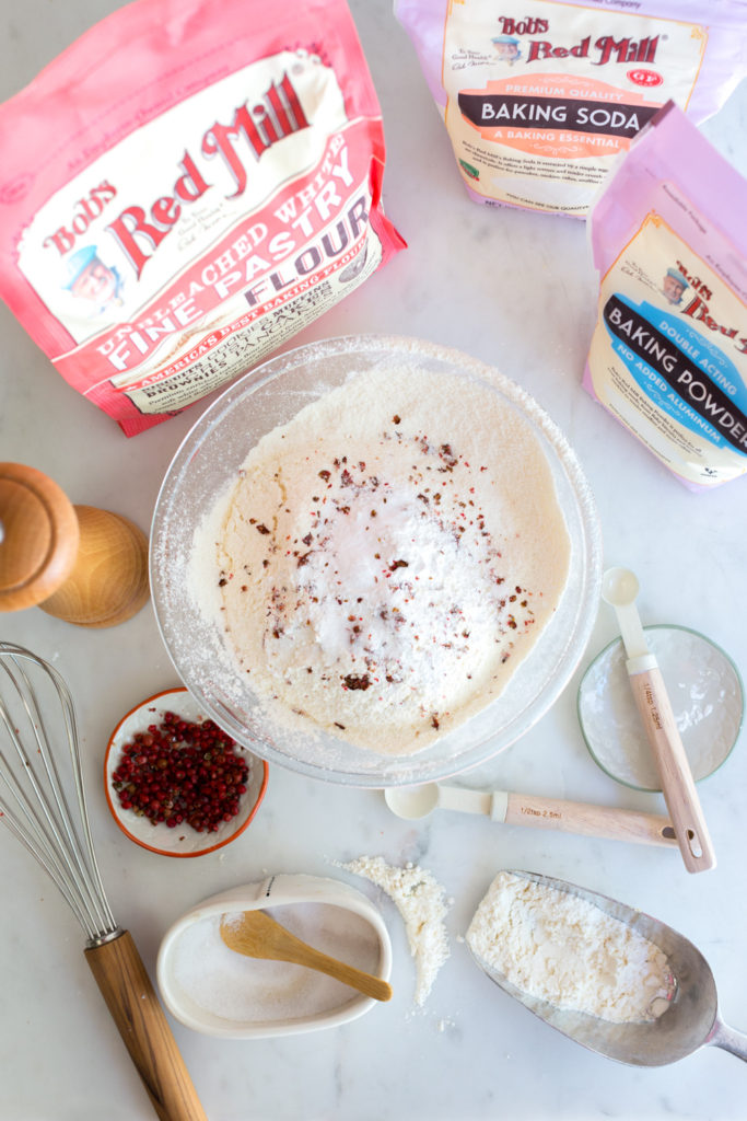 Mixing dry ingredients for Pink Peppercorn Honey Cake