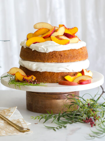 Nectarines and Creme Pink Peppercorn Honey Cake by Baking The Goods