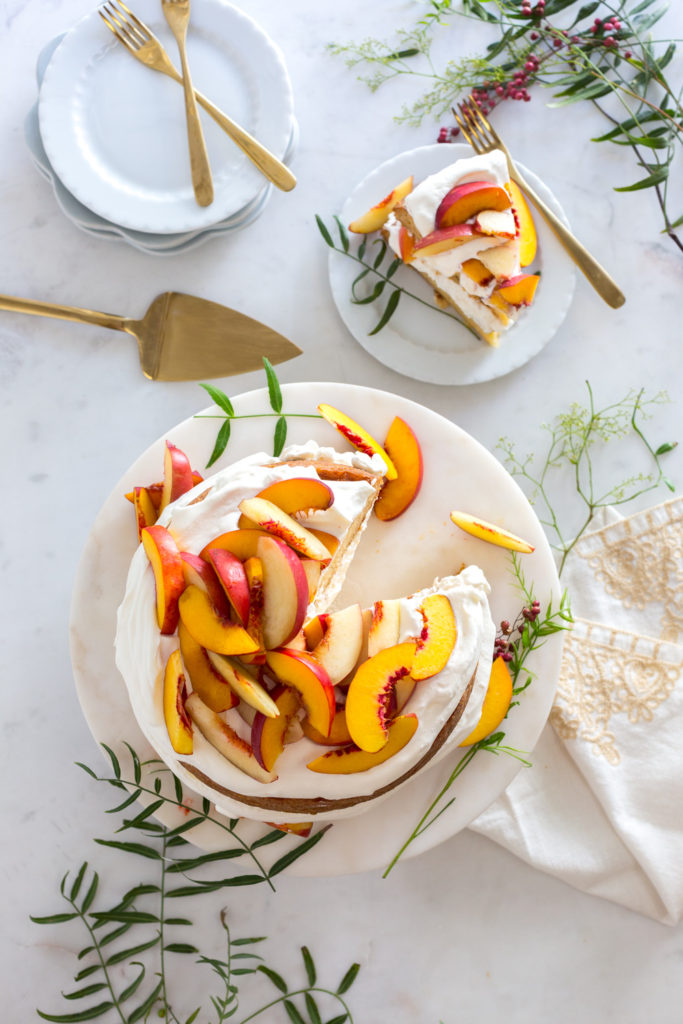 Serving Nectarines and Creme Pink Peppercorn Honey Cake