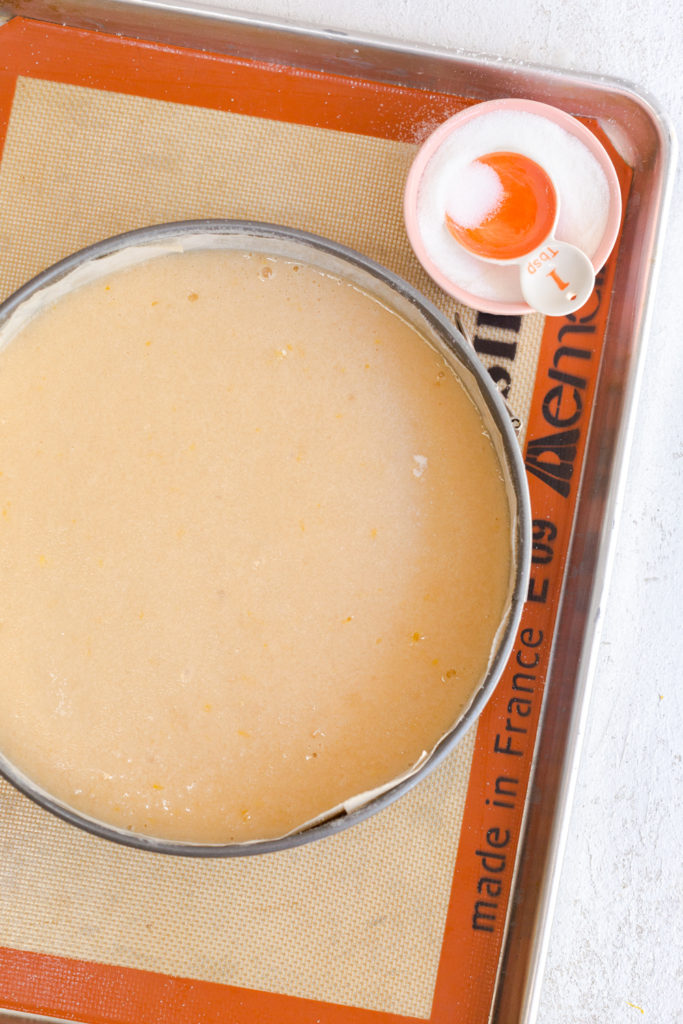 Batter in pan for Orange Aperitivo Olive Oil Cake