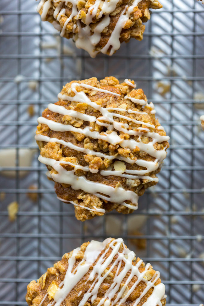 Apple Cider Oat Streusel Muffins with icing