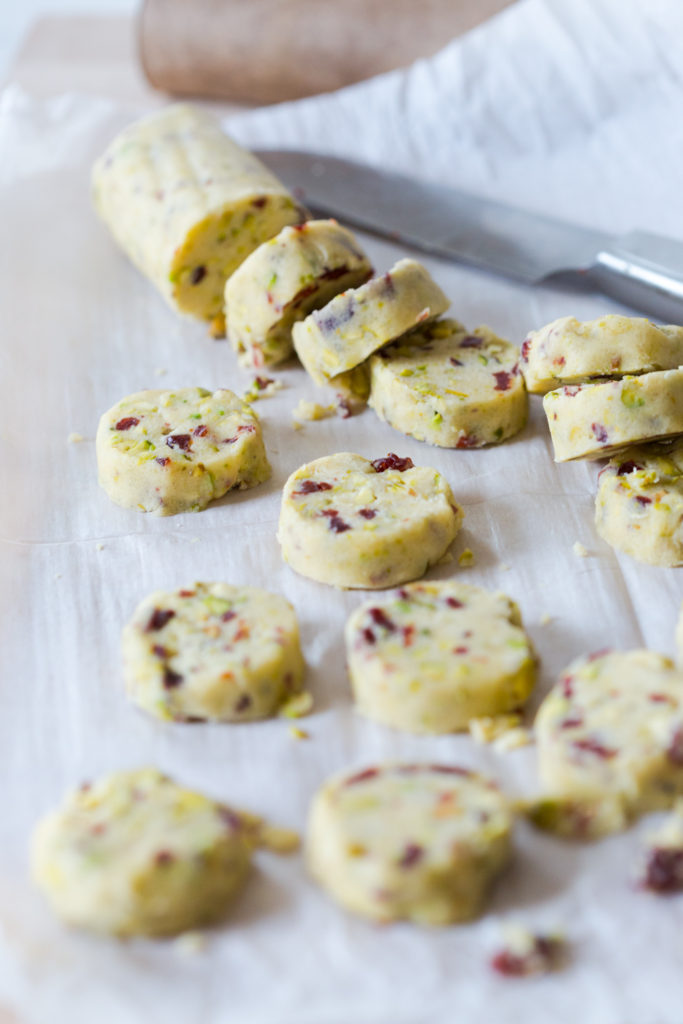 Slicing Cherry Pistachio Shortbread Cookies