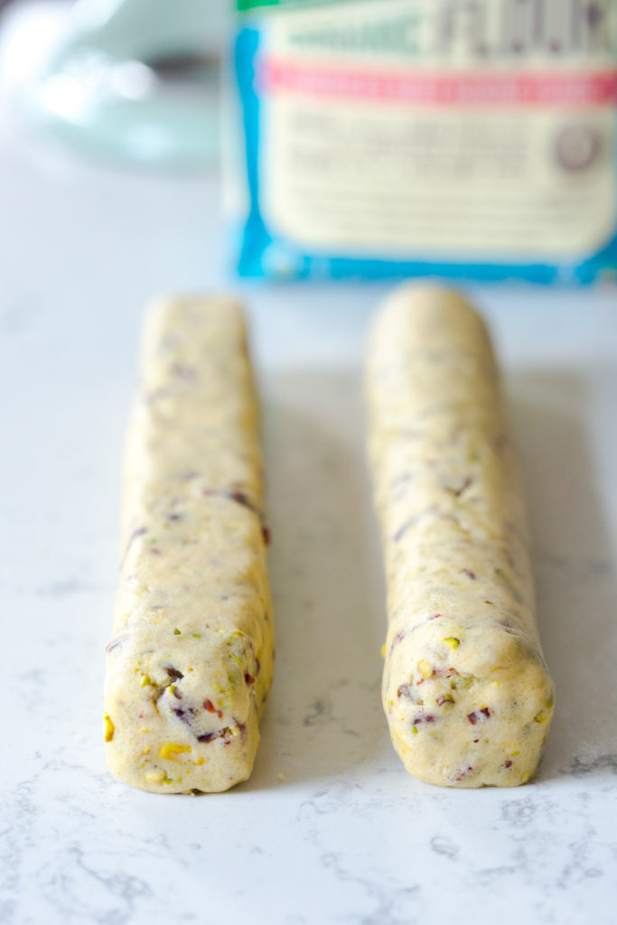 Shaping Cherry Pistachio Shortbread Cookie dough logs