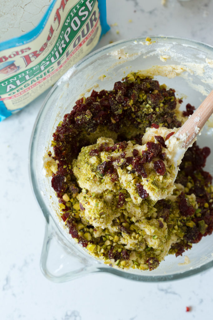 Mixing Cherry Pistachio Shortbread Cookie dough