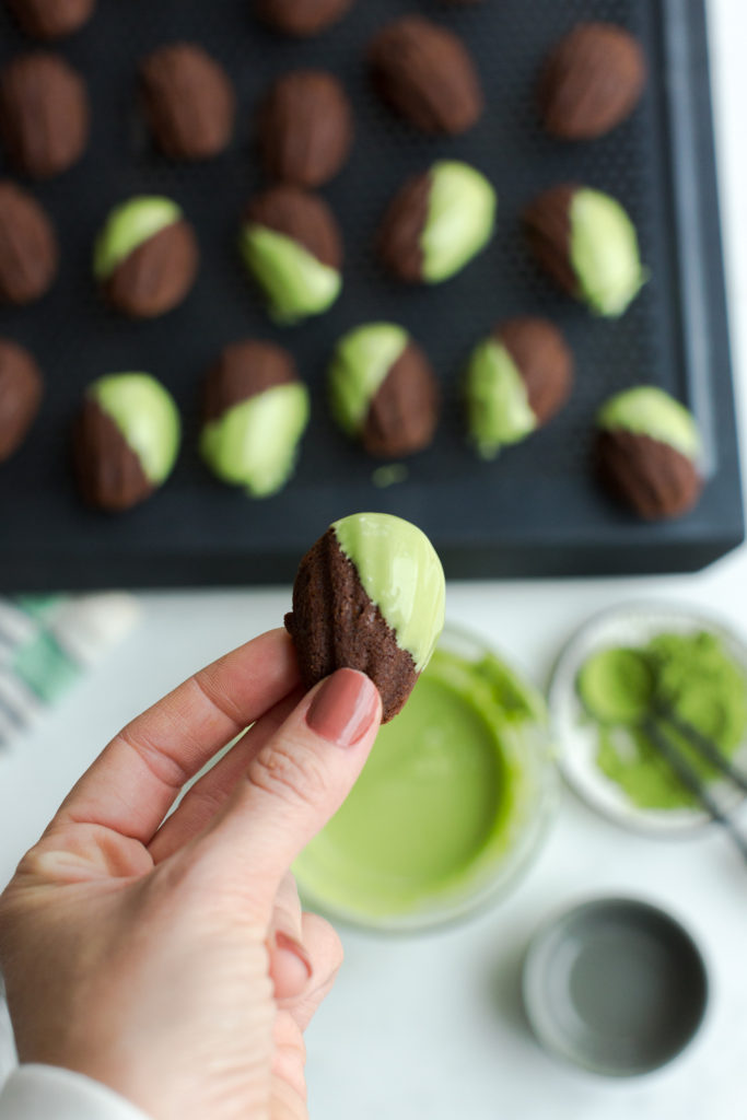 Chocolate Matcha Mini Madeleines dipped in matcha white chocolate