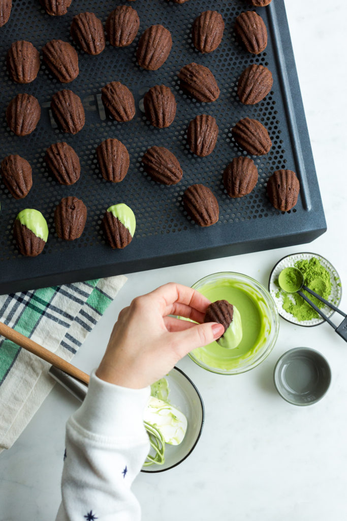 Chocolate Matcha Mini Madeleines dip