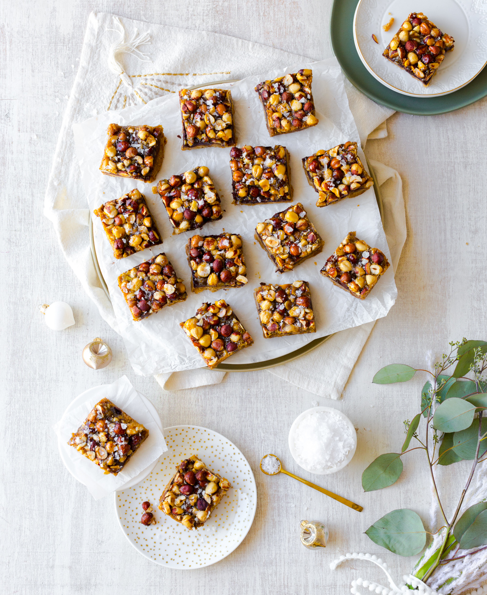 Hazelnut Chocolate Maple Rum Bars with sea salt flakes