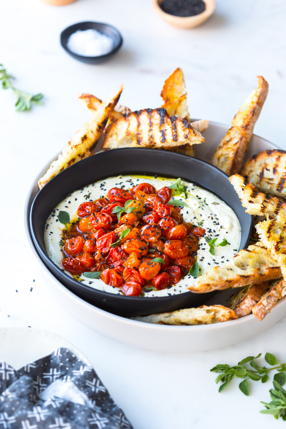 Roasted Tomato Whipped Feta Dip with grilled ciabatta