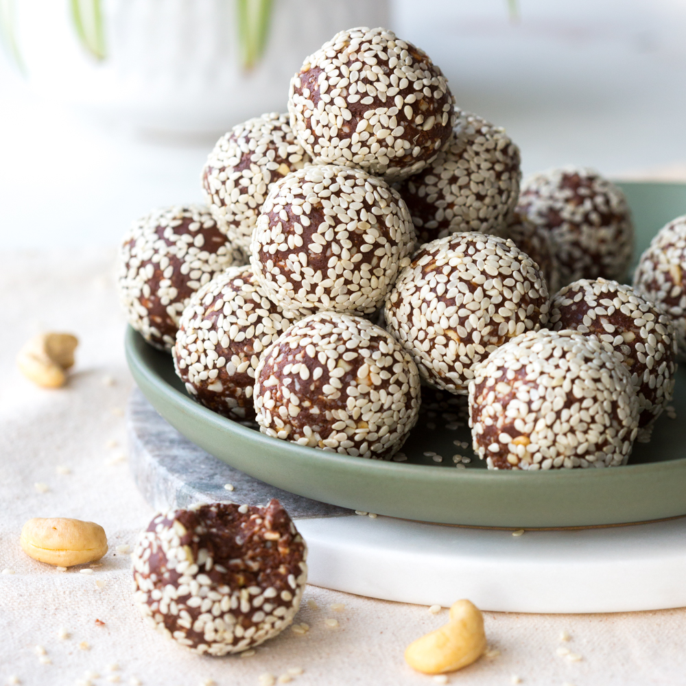 Cashew Date Chocolate Sesame Energy Balls