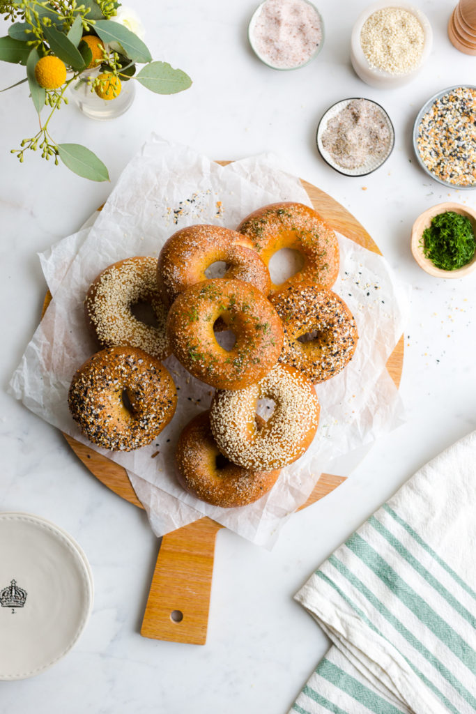 a stack of fresh bagels shot from overhead
