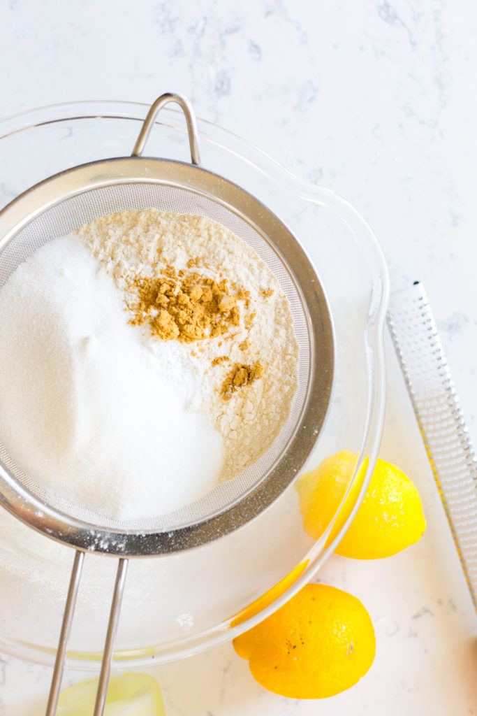 sifting dry cake ingredients