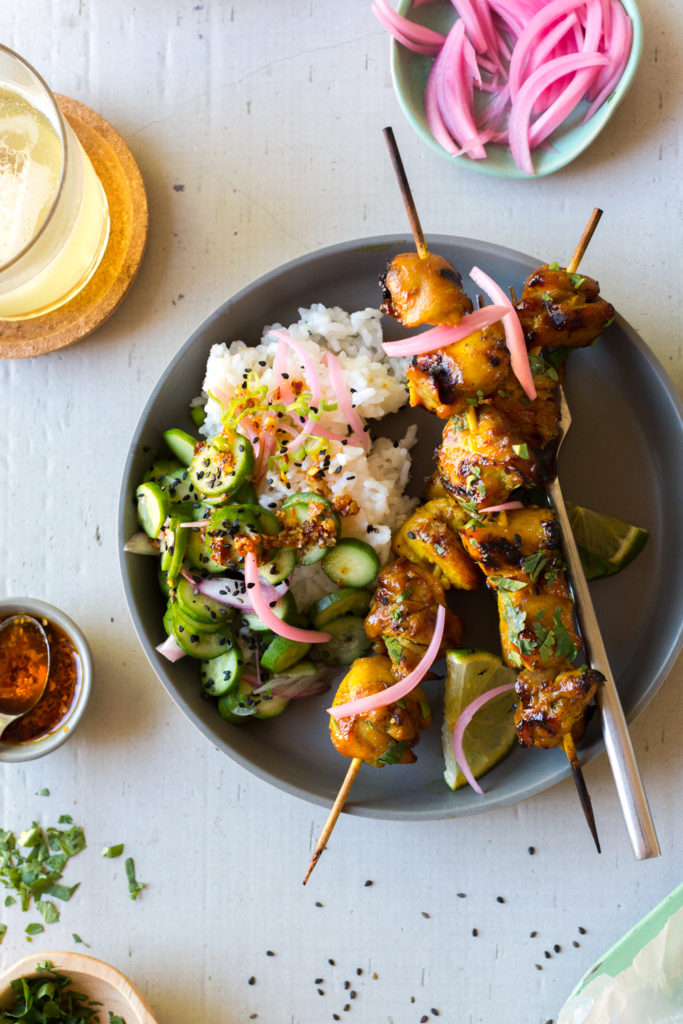 Ginger Honey Lime Chicken Skewers with pickled red onions