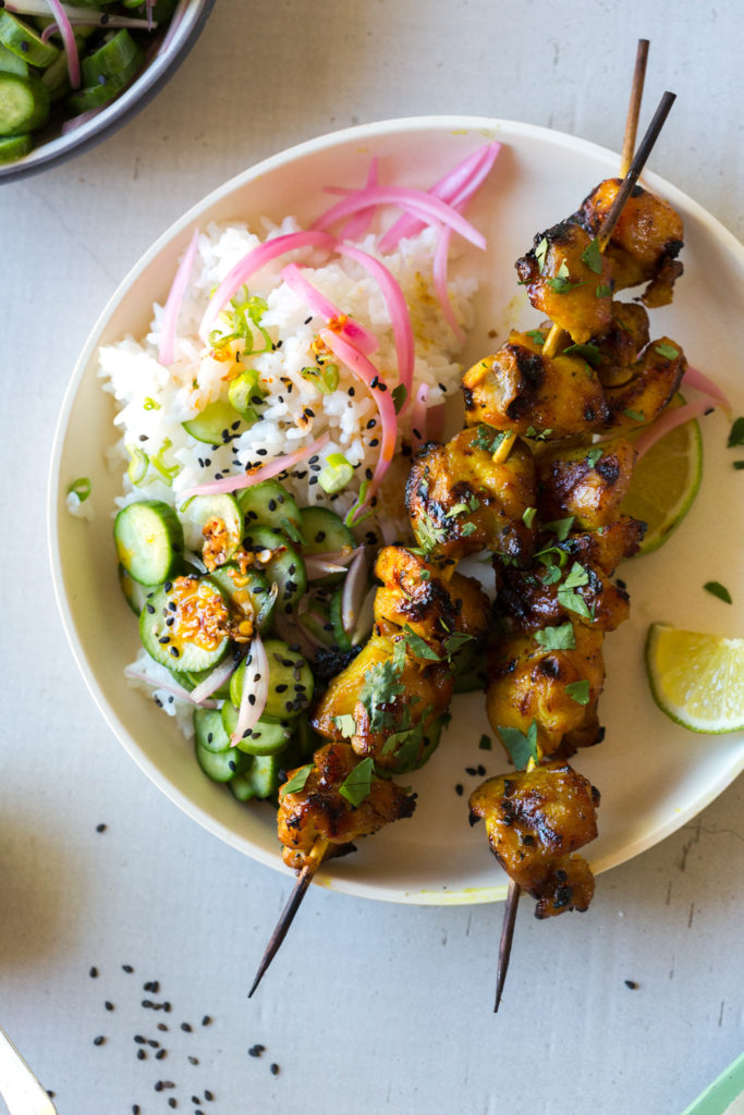 Ginger Honey Lime Chicken Skewers with Cucumber Salad
