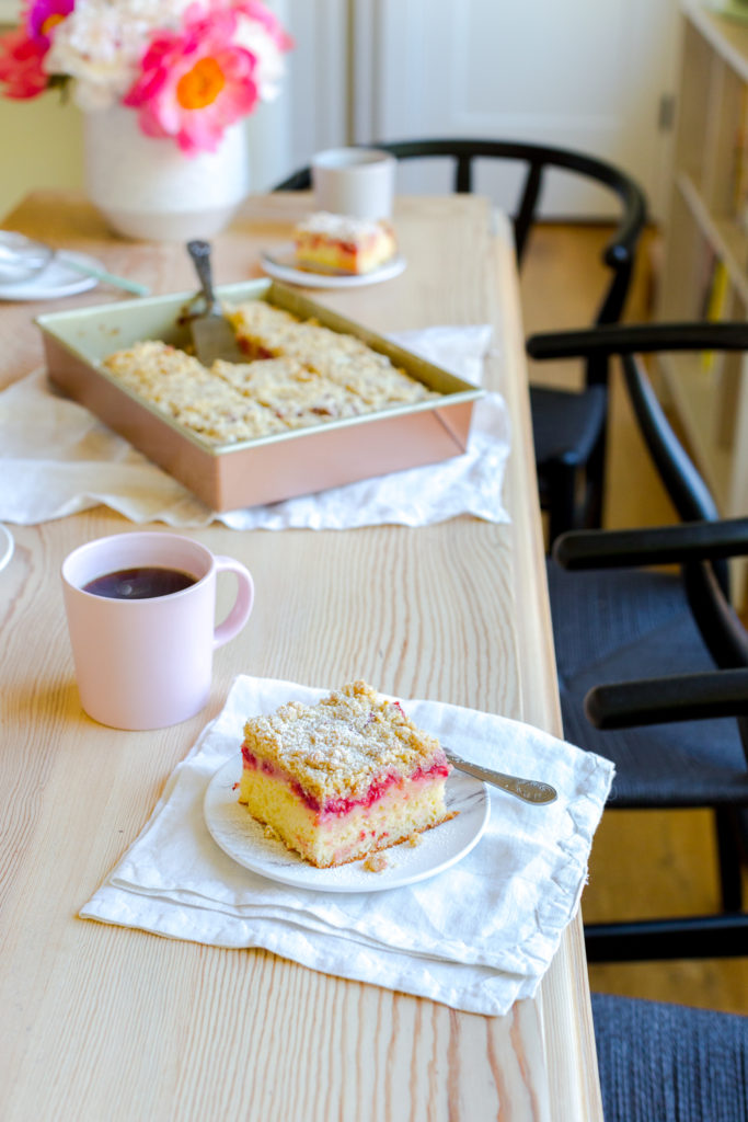 Strawberry Rhubarb Coffee Cake with coffee