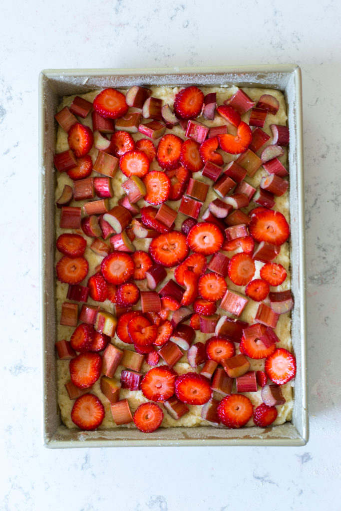 Coffee Cake topped with strawberries & rhubarb