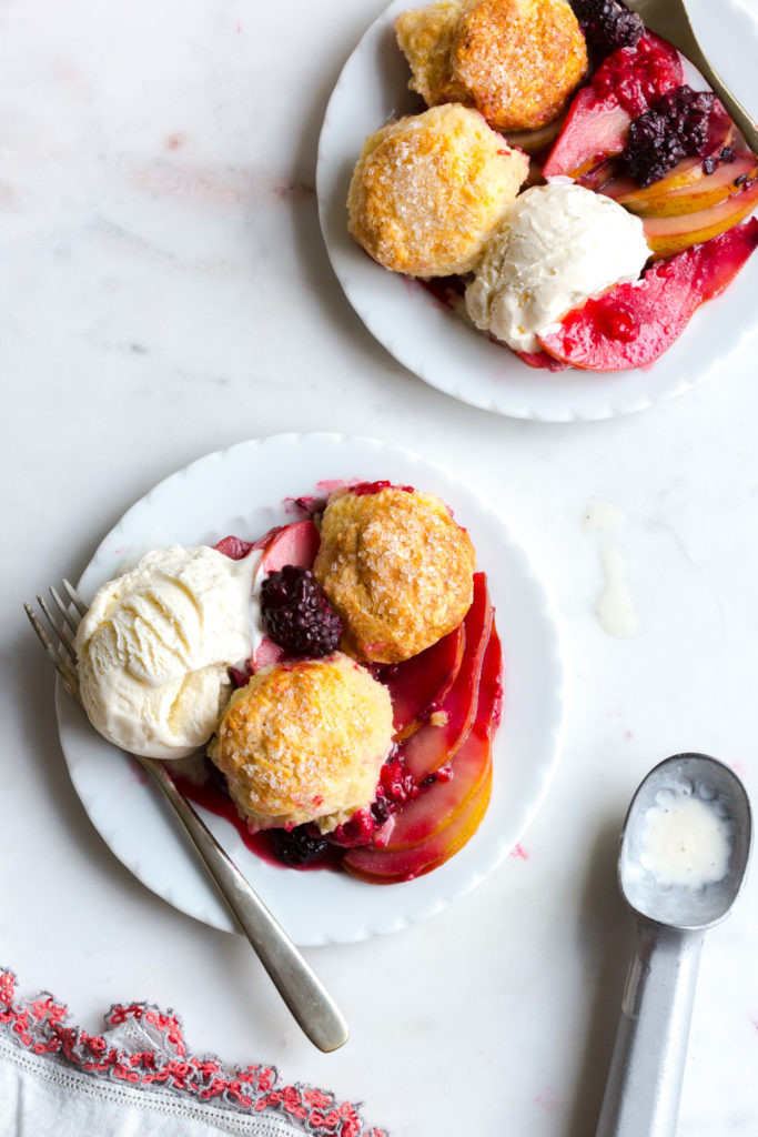 Pear Berry Cobbler with vanilla ice cream