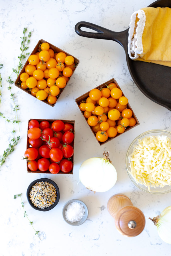 Ingredients for Cherry Tomato Cobbler with Cheddar Everything Biscuits