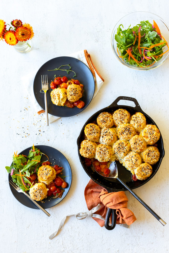 Cherry Tomato Cobbler with Cheddar Everything Biscuits for dinner