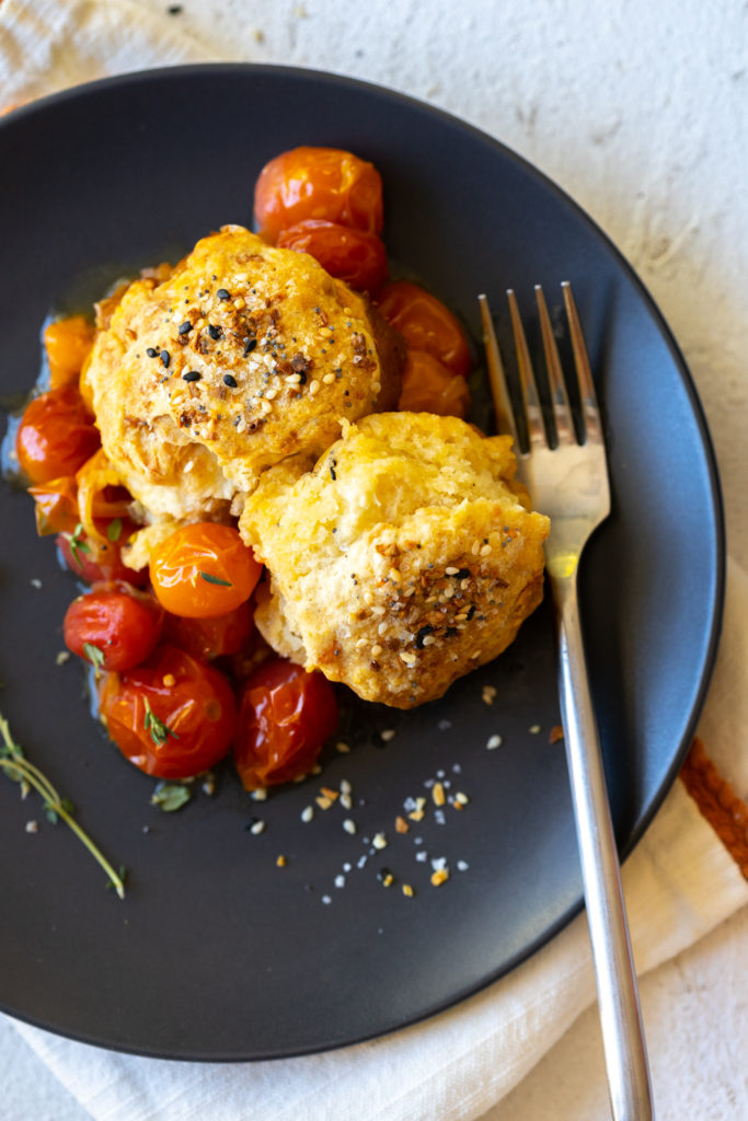 Serving Cherry Tomato Cobbler with Cheddar Everything Biscuits