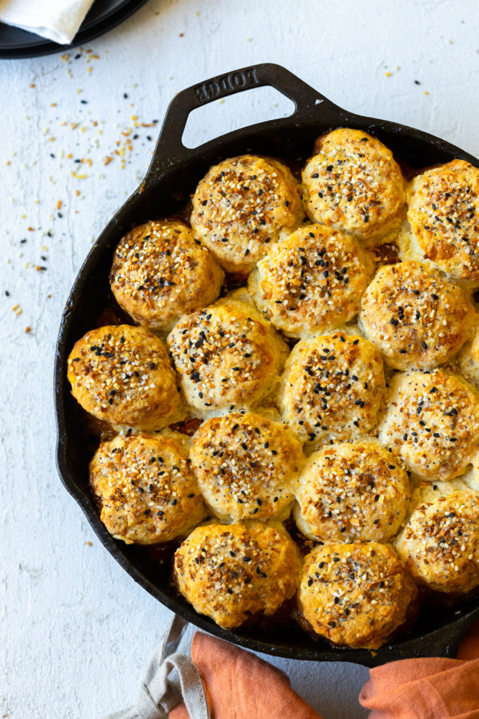 Cherry Tomato Cobbler with Cheddar Everything Biscuits baked
