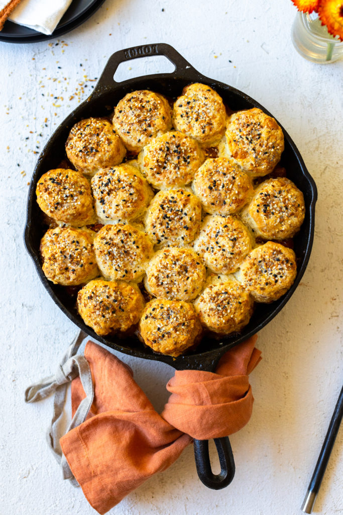 Cherry Tomato Cobbler with Cheddar Everything Biscuits cooling
