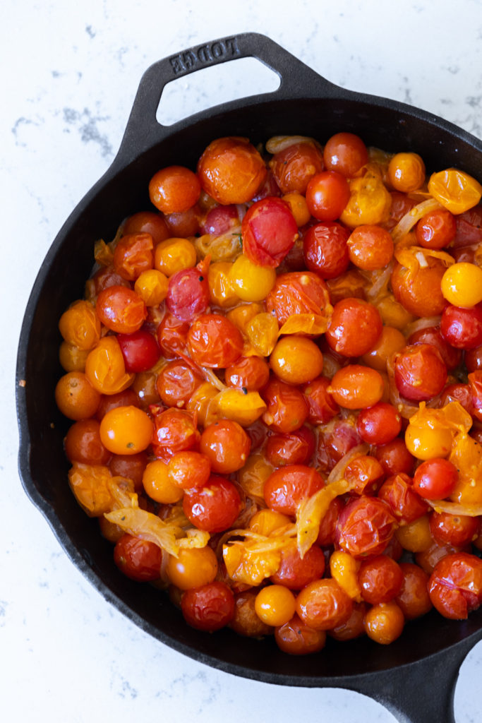 Cherry Tomato Cobbler with Cheddar Everything Biscuits tomato filling