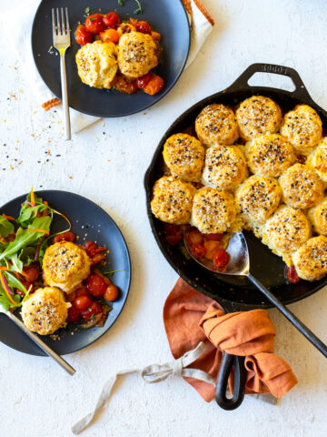 Cherry Tomato Cobbler with Cheddar Everything Biscuits by Baking The Goods