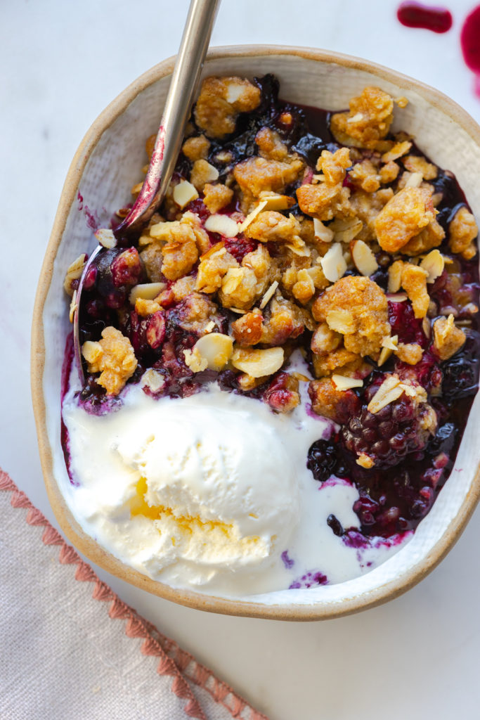 Mixed Berry Oat Almond Crisp with vanilla ice cream